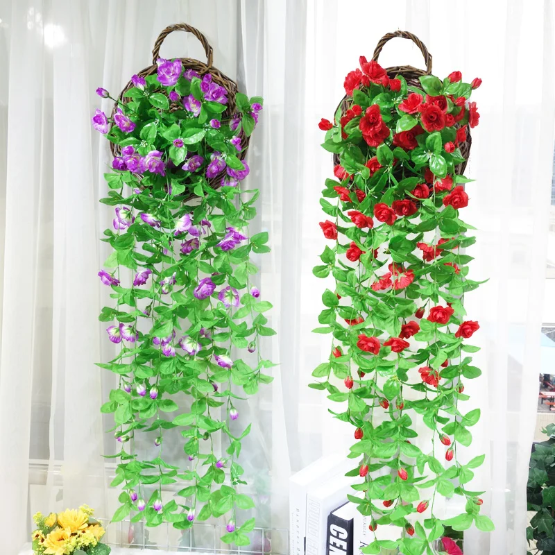 Silk Artificial Flowers With Leaves Silk Wall Hanging Vines fake Flower rose Vine Rattan For Home Balcony Fence Wedding Decor Silk Artificial Flowers With Leaves Silk Wall Hanging Vines fake Flower rose Vine Rattan For Home Balcony Fence Wedding Decor