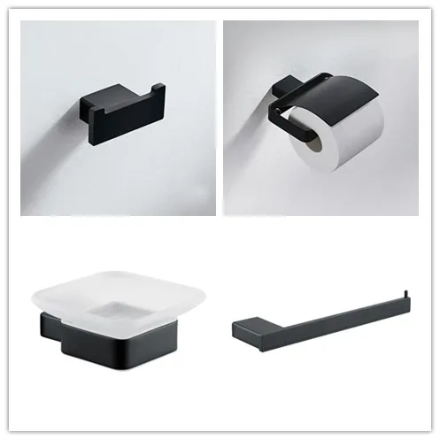 

Black 4 pcs/set stainless steel Bathroom Accessory Hardware set Clothes hook Paper holder Towel rack ring Soap dish holder