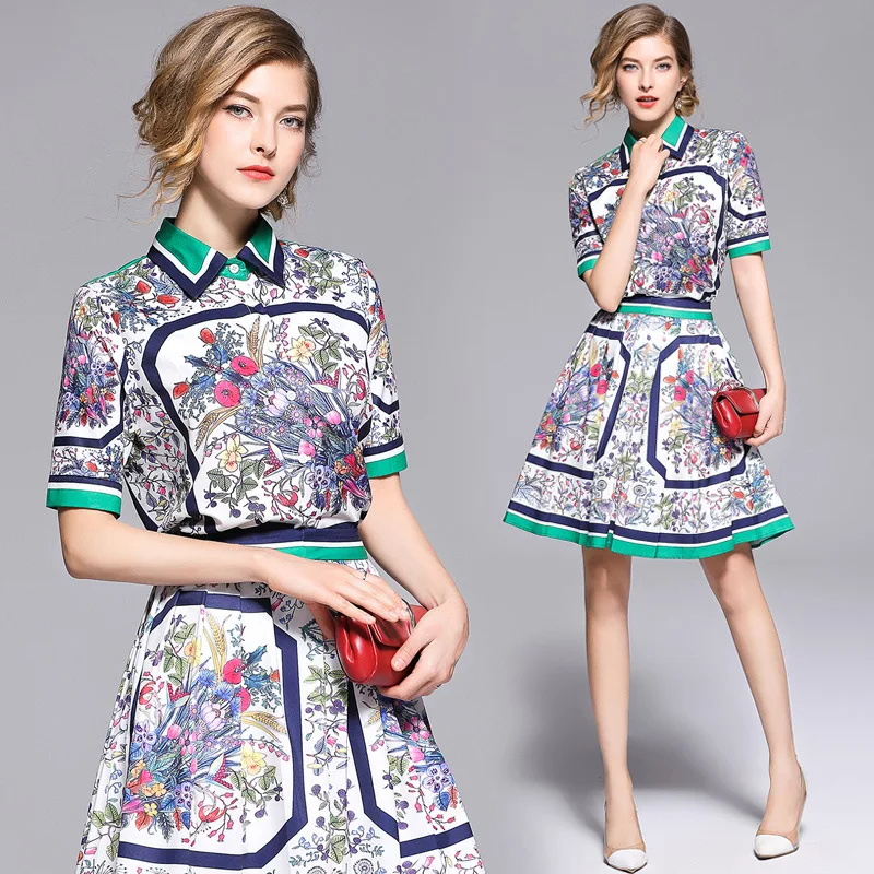 European women's wear 2018 The new summer With short sleeves lapel Stripe edge Floral print shirt + Pleated skirt  printing suit