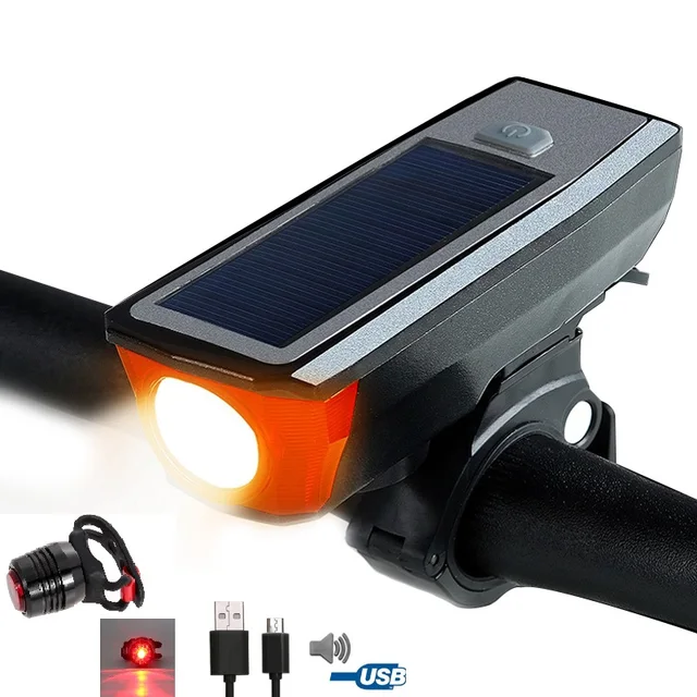 Cheap Bike Solar Power Bicycle Light with Bell USB Rechargeable Cycling Rear Light Built-in Battery Lamp Bicycle Bell Led Light