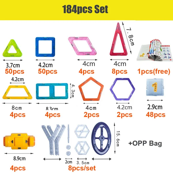 110-252 шт. магнитные блоки, набор для строительства, дизайнерские строительные игрушки, Магнитные Развивающие игрушки для детей, подарок для детей - Цвет: 184pcs Opp Bag