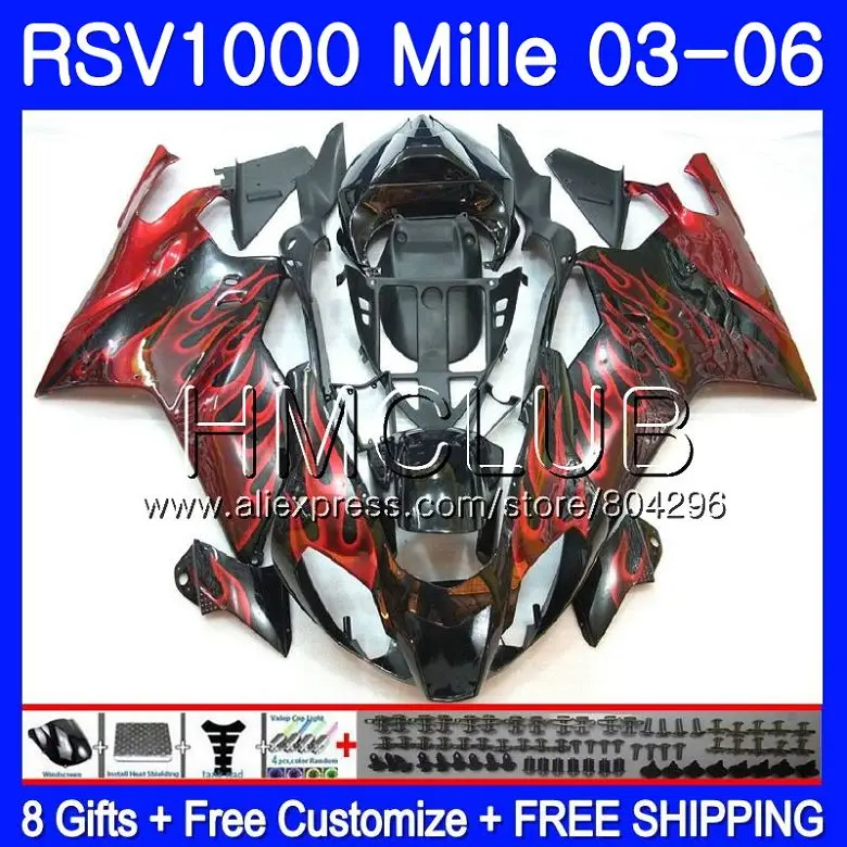 

Bodys For Aprilia RSV1000 R RR 03 04 05 06 RSV1000R Mille 123HM13 RSV1000R RSV1000RR Red flames 2003 2004 2005 2006 Fairings