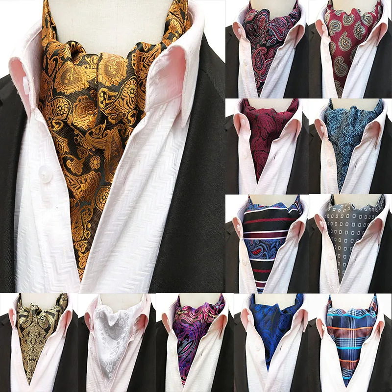 

Hot Sale Ascot Tie Cravat Men Neck Tie Satin Wedding Party Luxury Formal Dress Tie Newest Blue Flower Paisley Ascot Ties