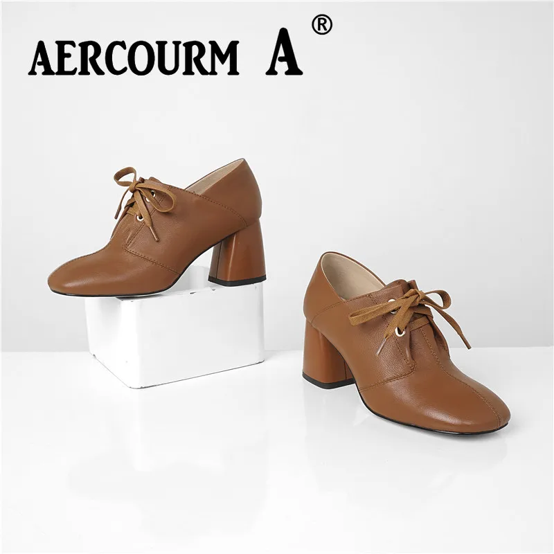 Aercourm A/ г. женские туфли-лодочки на высоком каблуке со шнуровкой Женская обувь из натуральной кожи туфли-лодочки на квадратном каблуке новая весенняя обувь с квадратным носком
