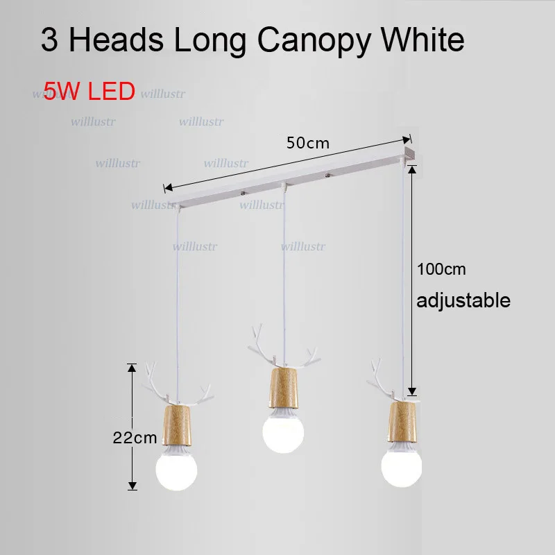 Деревянный светодиодный подвесной светильник с железными рогами для кафе, бара, ресторана, отдыха, пекарни, кухни, столовой, головы оленя, подвесной светильник в стиле арт-деко - Цвет корпуса: 3 Heads Long White