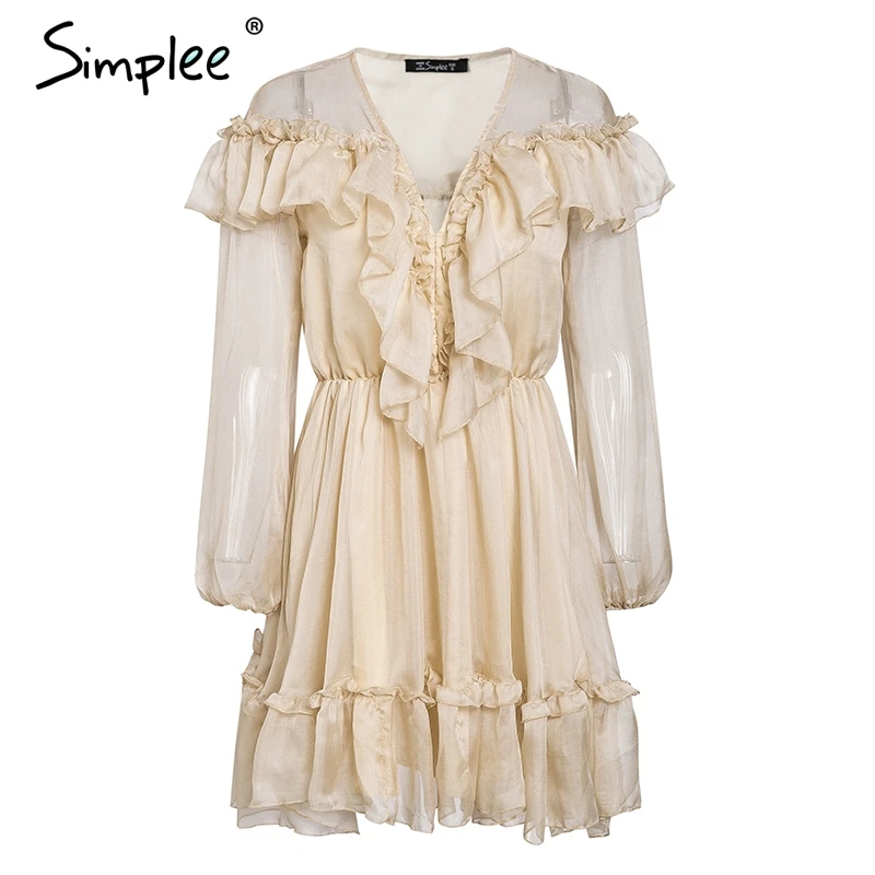 Женское сетчатое платье Simplee с длинным рукавом, привлекательное короткое платье на подкладке с рюшами и v-образным вырезом для лета, модное повседневное элегантное платье для вечеринки - Цвет: Шампанское