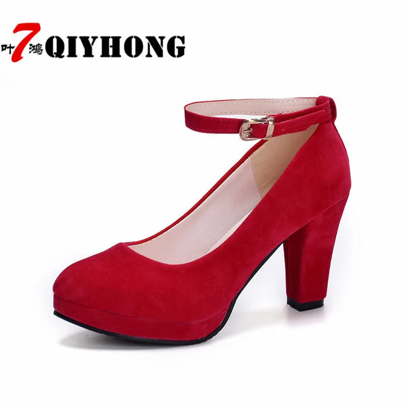 

2018 Spring And Summer New Round Head. Rough With Suede Women'S With A Single Shoe Ankle Strap Buckle High Heels Shoes Woman