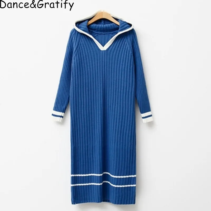 

Women 2019 Autumn Winter Knitted Sweater Dresses Female Casual Hooded Straight Dress Ladies Solid Thick Warm Long Midi Dresses