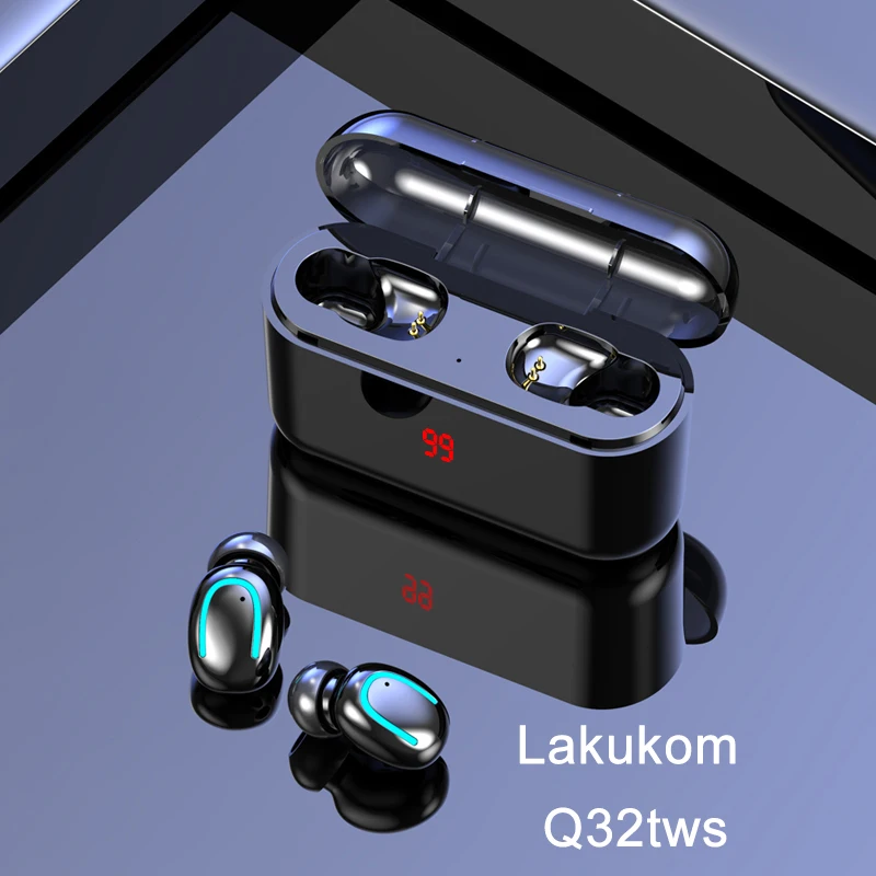 Lakukom Wireless Bluetooth Earphone 5.0 Q32 TWS With Digital Display Black Charging Box Stereo Sound For Phones