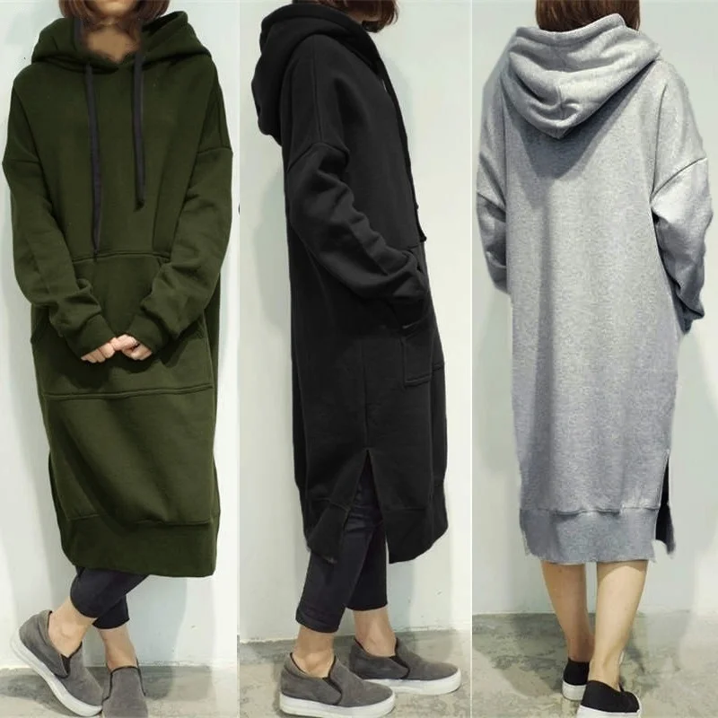 Big Size Women Fashion Maxi Loose Fleece Hooded Long Sweatshirt Dress ...