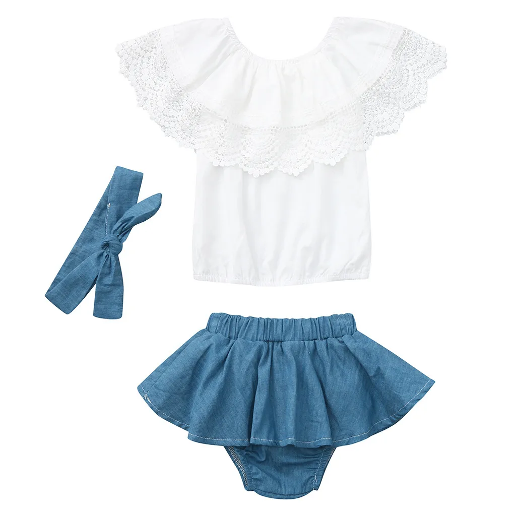 

MUQGEW solid summer Baby Girl clothes Outfit Lace Ruffled Top+Demin Shorts Dress+Headband Clothes Children clothing set roupa