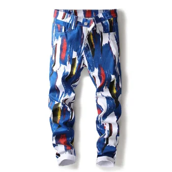 

New Nightclub style mens jeans luxury brand men jeans trousers colorful print Slim Straight zipper jeans pants for men blue