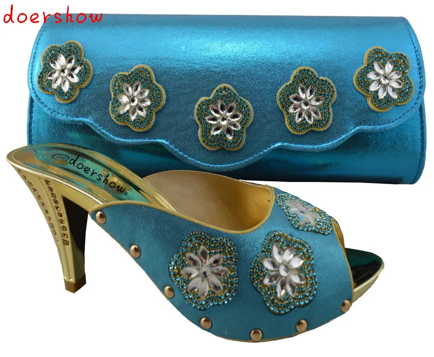 blue fashionable African women shoes and bags set high quality European shoes and matching bags for