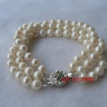 Очаровательная 3strands 8-9 мм Южное море белый жемчужный браслет 7,5-" сливы цветок застежка благородный стиль природный тонкой jewe быстро(D