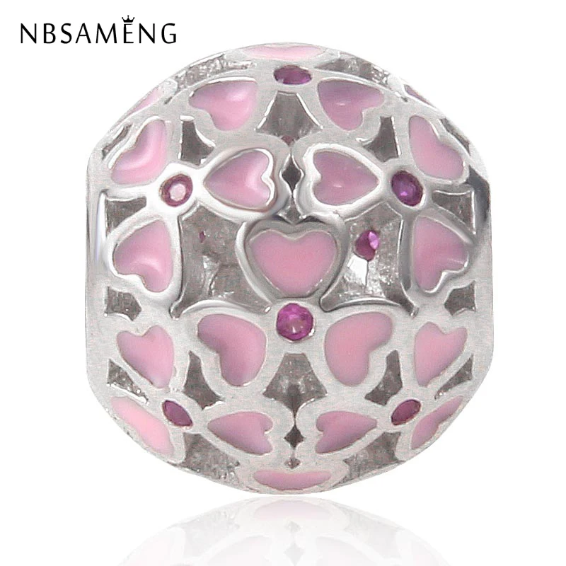 

NBSAMENG 100% 925 Sterling Silver Bead Pink Flower Love Clear CZ Beads Charms Fit Original Pandora Bracelets DIY Jewelry Gift