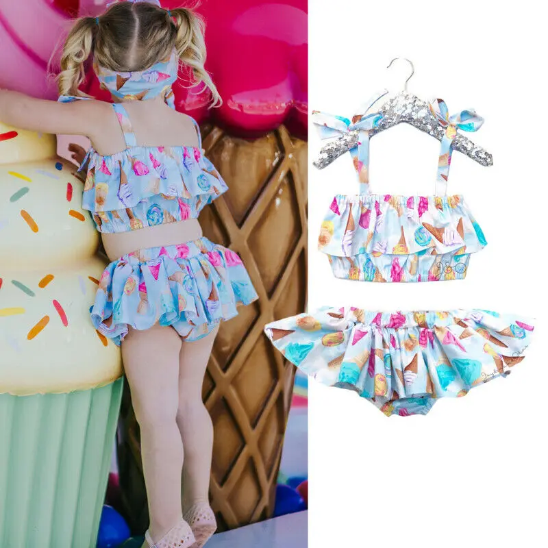 

New 2PCS Summer Kids Baby Girl Ice Cream Ruffles Bikini Set Swimwear Swimsuit Bathing Suit