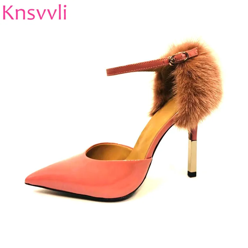 

Knsvvli New Pink Patent Leather Runway Shoes Woman Luxurious High Heels Marten hair Pointed toe Party banquet Shoes Women Pumps