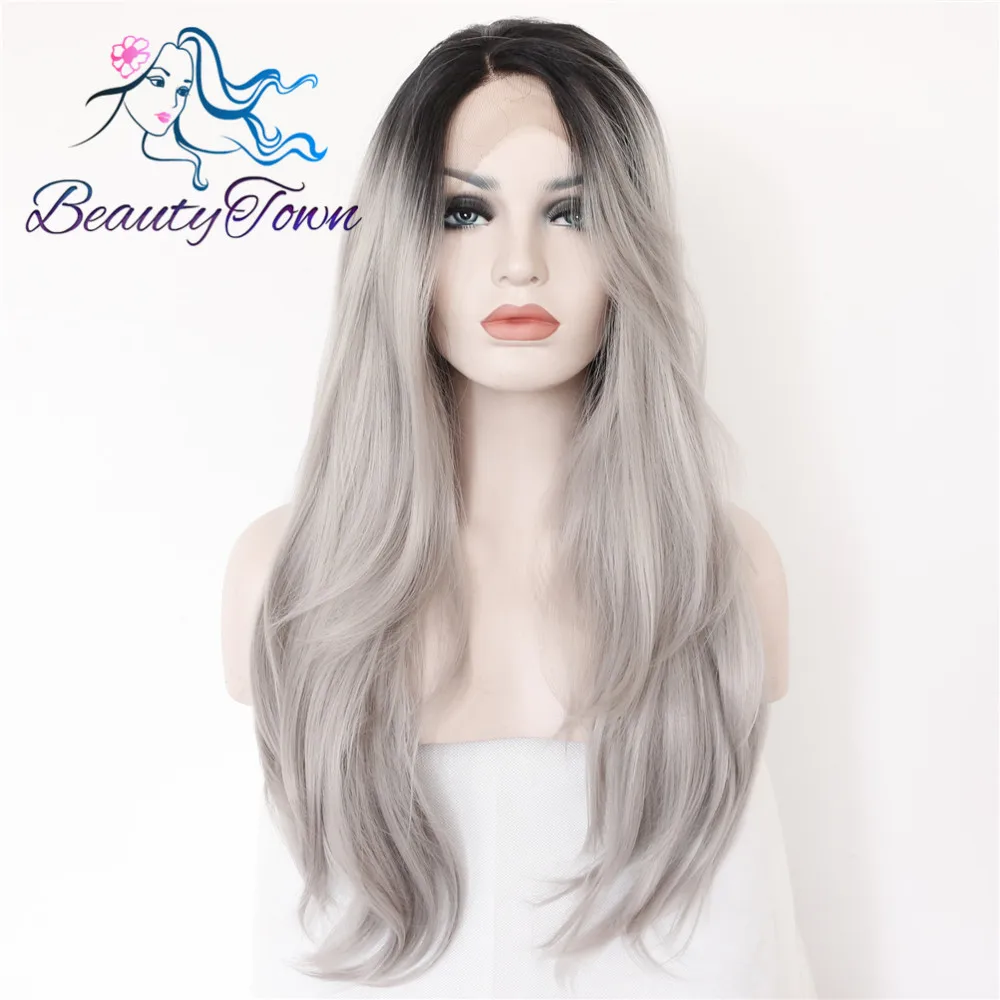 

BeautyTown Black Ombre Grey Handmade Heat Resistant High Temperature Hair Perruque Party Synthetic Lace Front Wig For Women Gift