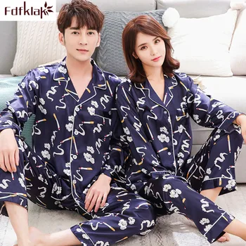 

Fdfklak Couple pajamas set long sleeve silk satin sleepwear pijama high quality women or men pajama female night wear pyjamas