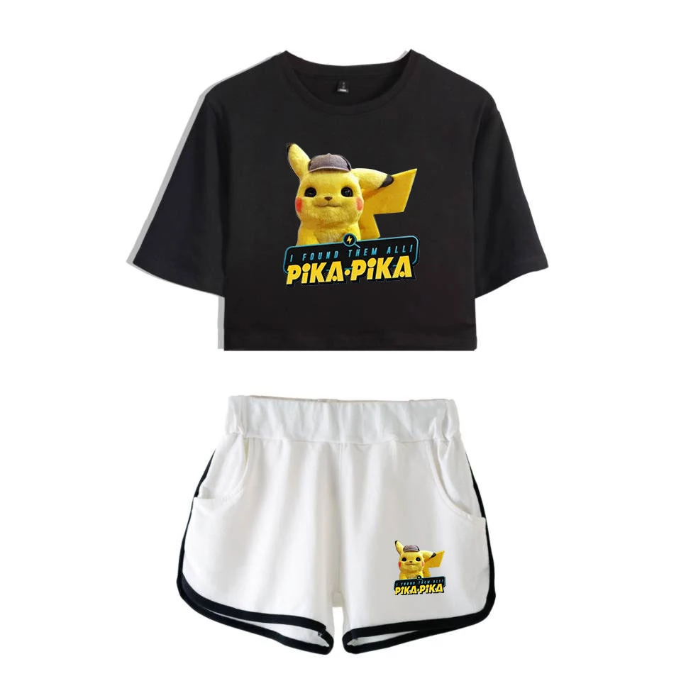 

2019 Anime movie Pokemon Detective Pikachu print Leisure Women Two Piece Set Shorts And lovely T-shirts Hot Sale Clothes