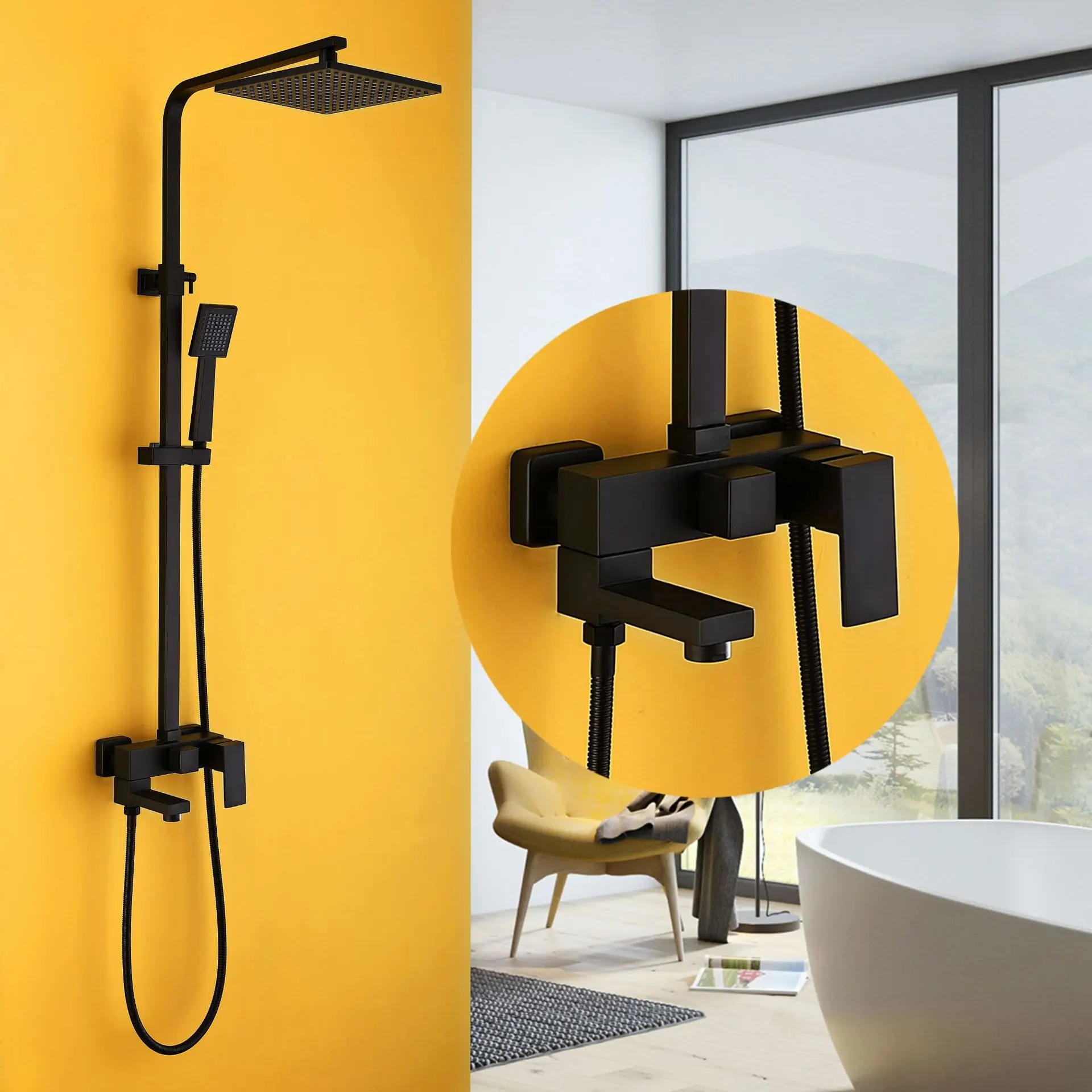 Square Black Painted Solid Brass Wall Mounted Lifting Shower Set with
