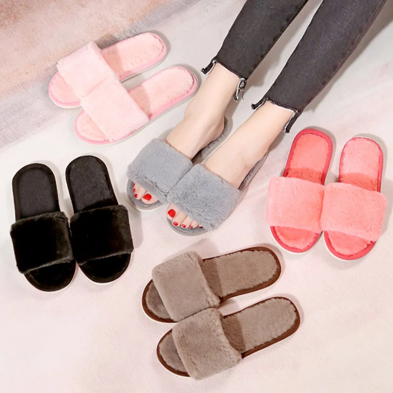 

Plus Size 36-45 Home Slippers Open Toe Fur Slipper Woman Indoor Shoes Short Plush Household Slipper Warm Foot Wear Winter 76C33
