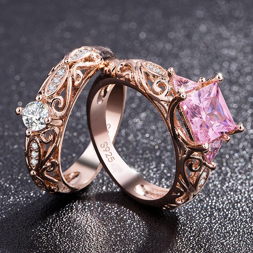 Elegant Pink Austrian Crystal Princess Rings Set for Women Fashion Engagement Wedding Rings with