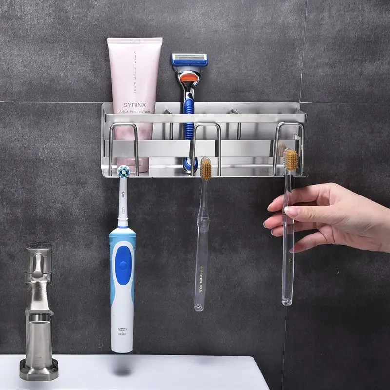 Stainless Steel Toothbrush Toothpaste Stand Rack Adhesive Bathroom Organizer New