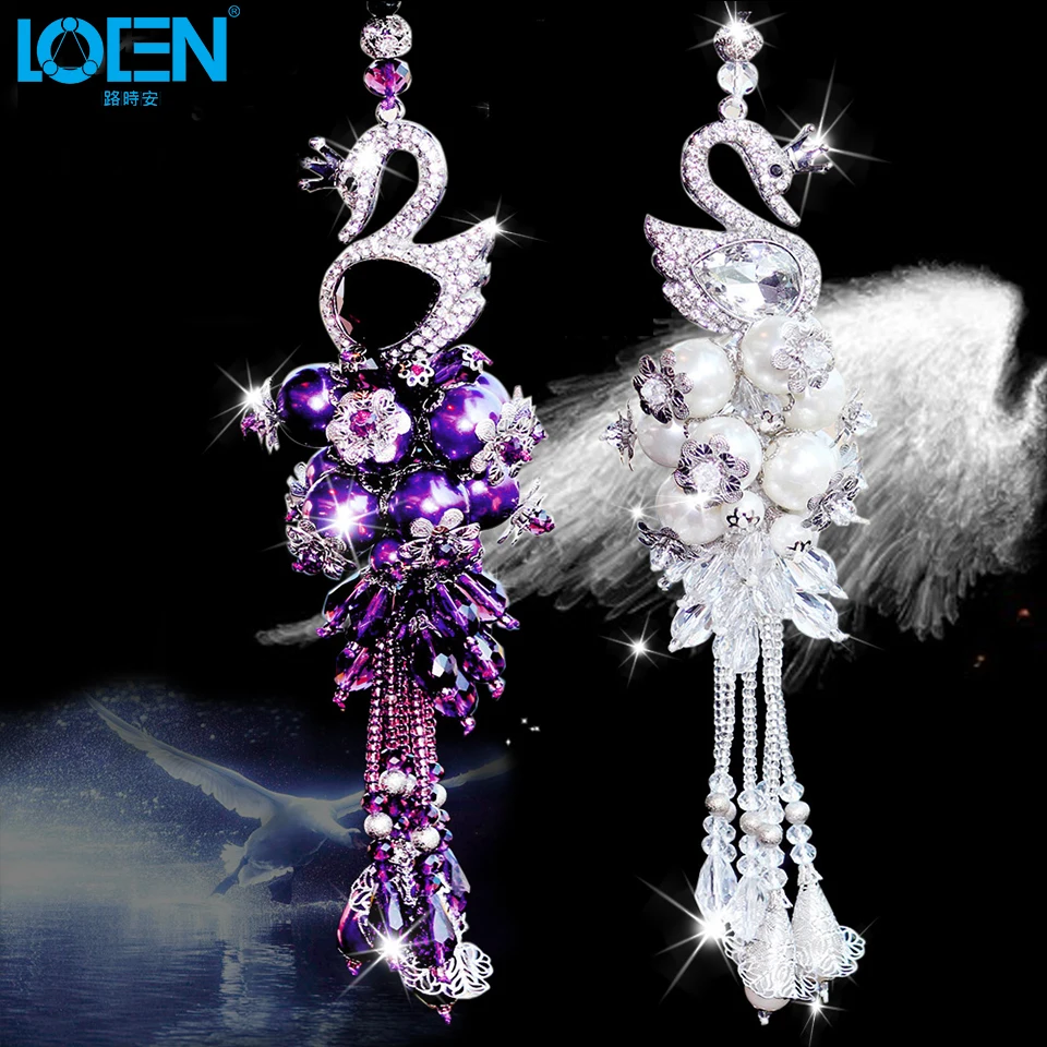 Car Decorations Rearview Mirror font b Interior b font Hanging Pendant Swan Crystal Ornaments White Purple