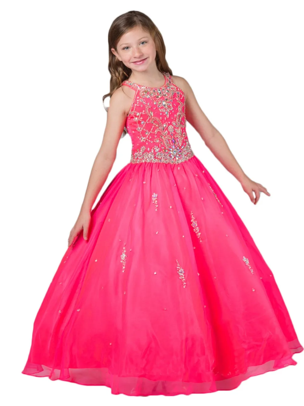 Hot Stock Pink Beads Flower Girl Dress Formal Pageant Prom Ball Gowns Size4-14