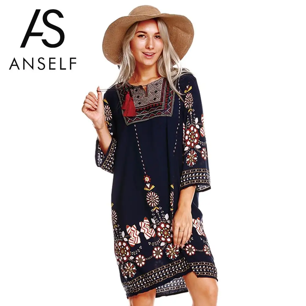 Anself Women Boho Tunic Dress Ethnic Embroidered Front Vintage Floral Print Summer Dress Tassels 3/4 Sleeves Beach Loose Dress