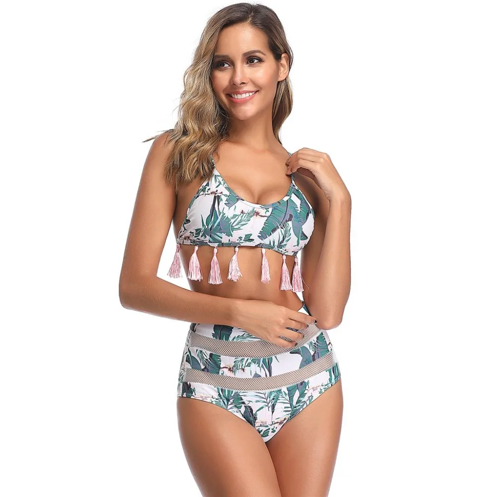 

Two Pieces Swimsuit Women Stripe Sunflower Tassel Mesh Bandage high waisted Bikini Set Beachwear maillot de bain fille 15#
