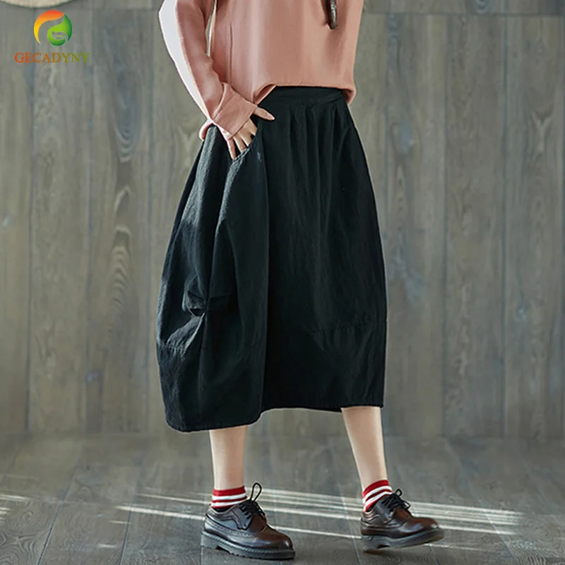 

Literature and Art Women Skirts Cotton Linen 2019 Summer New Casual Loose Elastic Waist Vintage Patchwork Women Skirts
