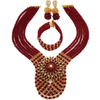 

New Arrived Lasted Wine and Gold AB African Wedding Necklace Nigerian Beads Jewelry Set 6C-XJZ017