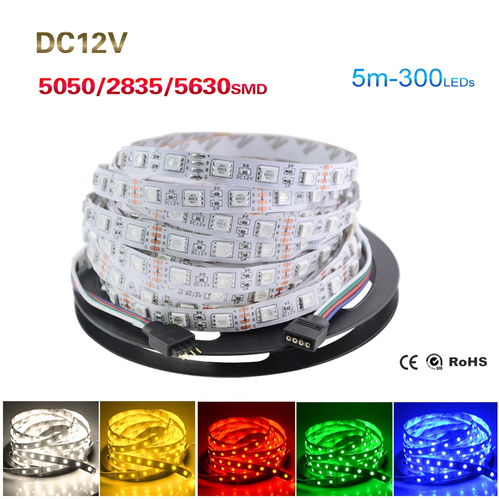 DC 12V цветных(RGB) светодиодных лент 5050 5630 2835 SMD Non-Водонепроницаемый 5 м 60Led/м Светодиодные полосы, в виде гирлянды светодиодные бар светильник Bombillas Светодиодная лента