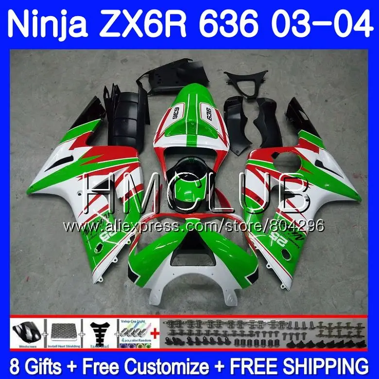 

Green Red Body For KAWASAKI NINJA ZX600 ZX636 ZX-6R 03 04 ZX-636 18HM.24 ZX 636 6 R 600CC ZX6R 03 04 ZX 6R 2003 2004 Fairing