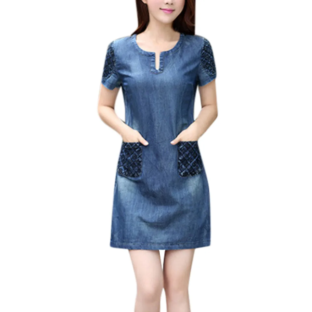 

Women Summer Dresses Denim Casual Elegant Cowboy Section O-Neck Short Sleeve Vestidos Casual Daily A-line Dress With Pockets
