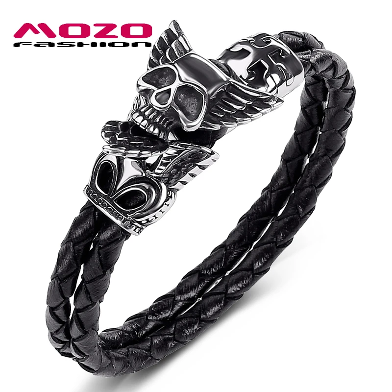 

MOZO FASHION 2020 Men Jewelry Black Genuine Leather Bracelet Stainless Steel Punk Feather wings skulls Charm Hot Bracelet 525
