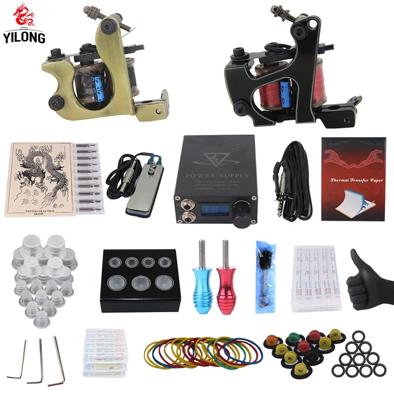 

YILONG Professional Complete Tattoo Kit 2 Top Machine Gun 50 mix ink cup 10 Needle Power Supply 3000246-3