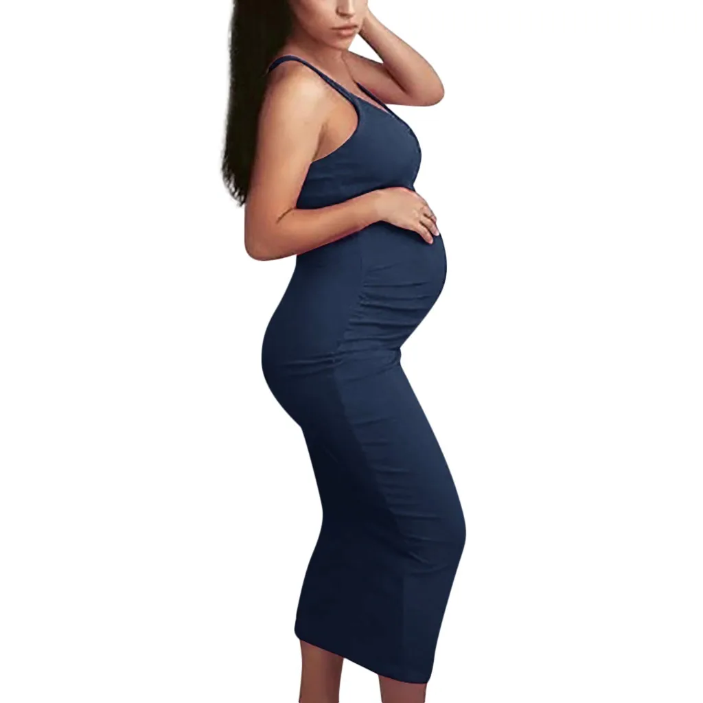 Женское платье для беременных на лето, без рукавов для мамы, Однотонный сарафан на лямках для беременных, твердый облегающий длинный сарафан для беременных - Цвет: Тёмно-синий