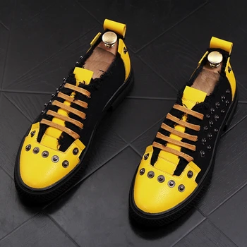 

Stephoes 2020 Men Fashion Causal Rivets Shoes Male Street Trend Retro Yellow Black Punk Style Loafers Men Luxury Brand Shoes