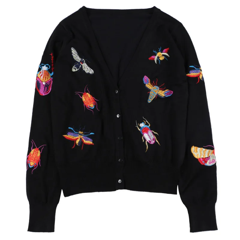 

Chic women's embroidered sweater coat New 2019 spring summer V neck cardigans coat A280