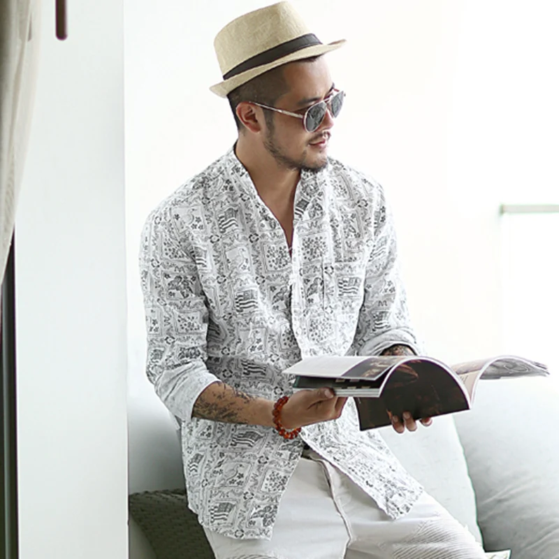Mens Cotton Linen Single Breasted Leisure Stand Collar Summer Shirts Jacket Coat