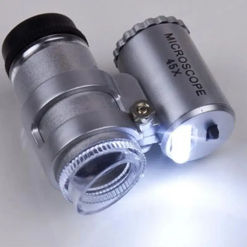 Новая портативная Ювелирная Лупа со стеклянными линзами серебристого цвета мини 45X 2LED микроскоп Лупа