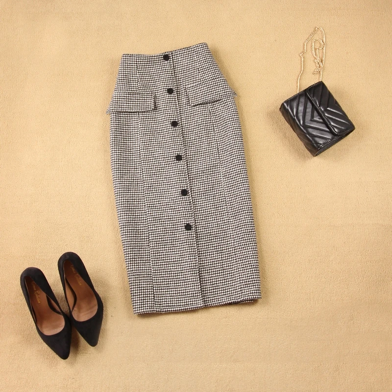 

Women's 2019 Black and White Woolen Skirts Female High Waist Houndstooth Woolen Wool Pencil Skirt Autumn Winter Work OL Skirts