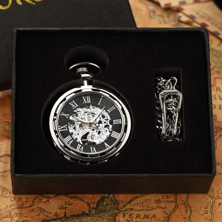 Роскошные Антикварные Механические карманные часы со скелетом, мужские механические часы в стиле стимпанк, часы с подвеской, ручные подзаводом, Relogio De Bolso - Цвет: Silver with box