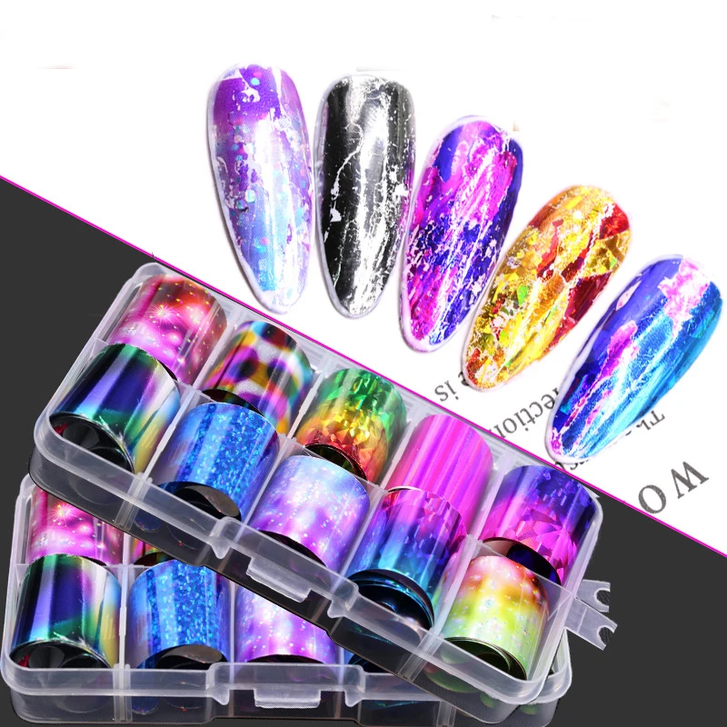 

10 Rolls 2.5*100cm Holographic Nail Foil Set Transparent AB Color Diamond Starry Sky Nail Art Transfer Sticker Manicure Decals