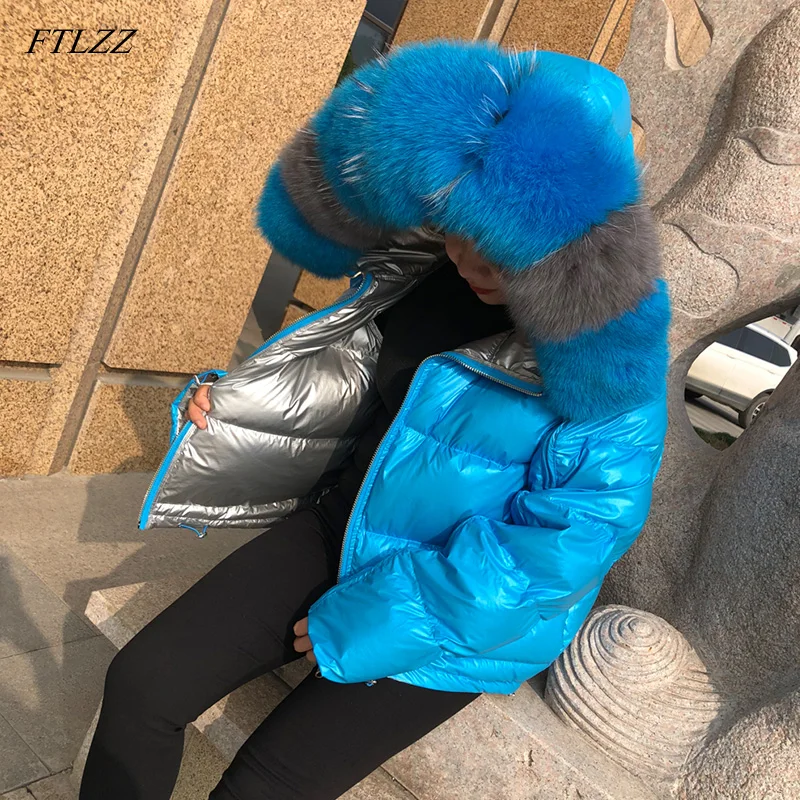 

FTLZZ Women Double Sided Silver Golden Duck Down Coat Winter Large Real Fur Collar Waterproof Jacket Hooded Snow Outerwear