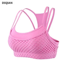 Женский розовый спортивный бюстгальтер, сетчатый укороченный топ на лямках, топ для йоги, нейлоновый бюстгальтер пуш-ап для бега, двухслойный спортивный жилет для фитнеса, одежда для спортзала