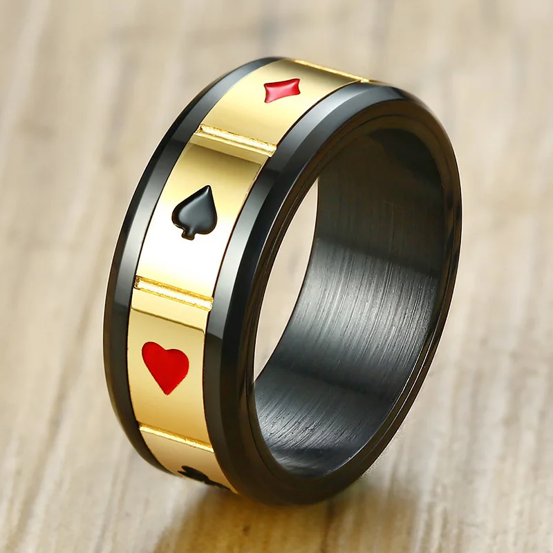 Cool Poker Spinner Rings For Men Chunky Enamel Spades Gold Color Tone